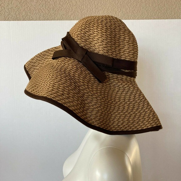 Floppy 100% Paper Straw Hat Obagj Medical Beach Brown Tan Tweed Pattern One SZ - Picture 1 of 8